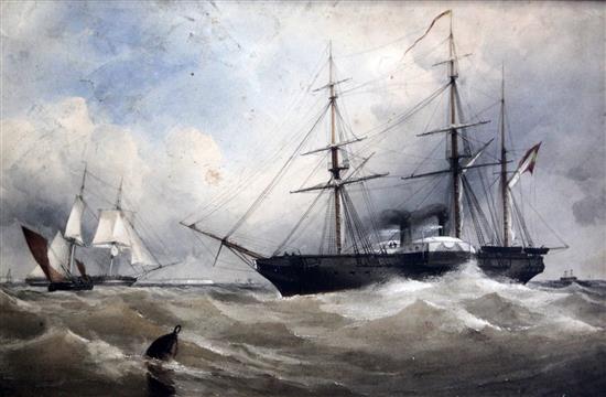 19th century English School Paddle steamer at sea 13 x 20.5in.